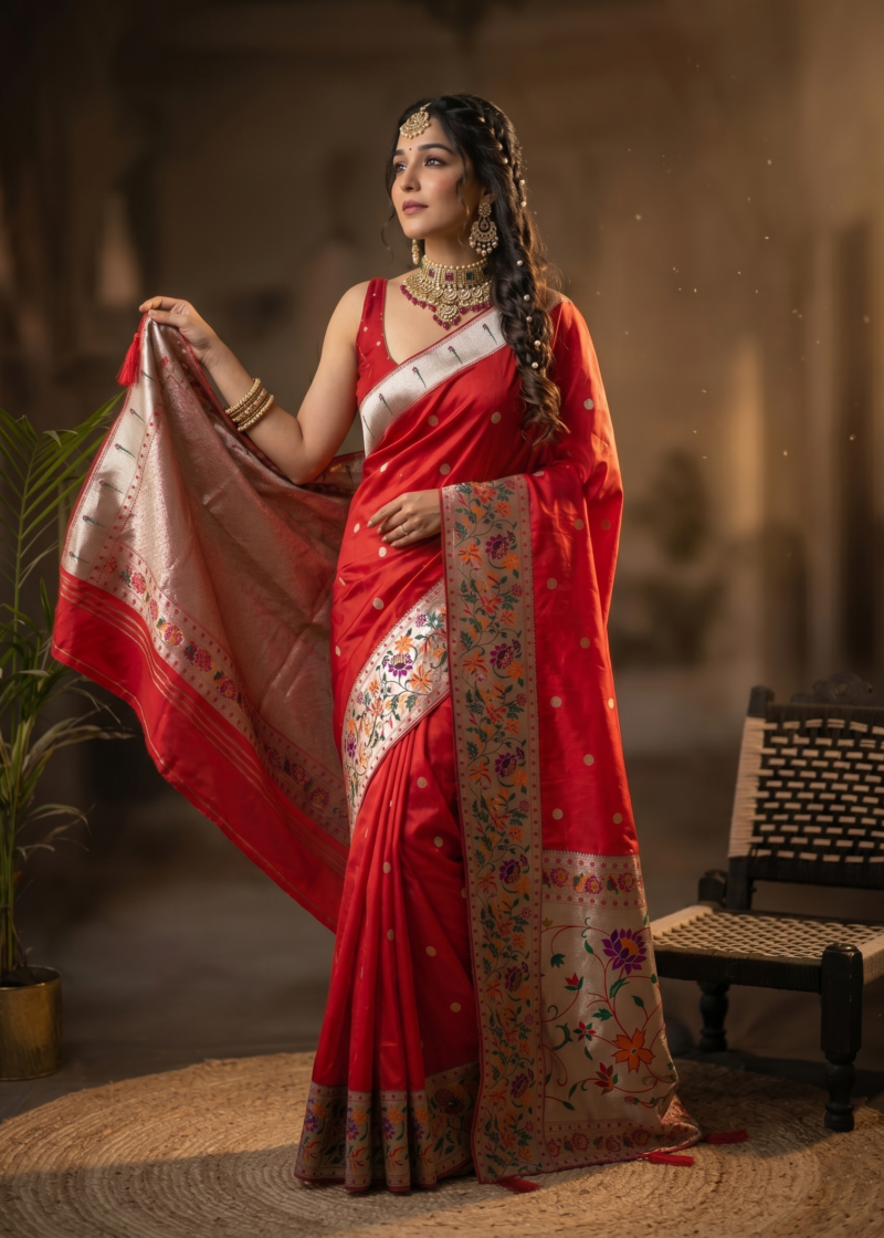Red Kanchipuram Silk Saree with Zari Polka Dots & Floral Woven Border DS013
