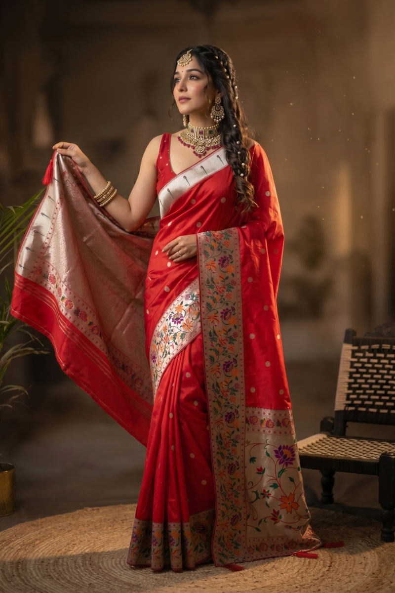 Red Kanchipuram Silk Saree with Zari Polka Dots & Floral Woven Border DS013