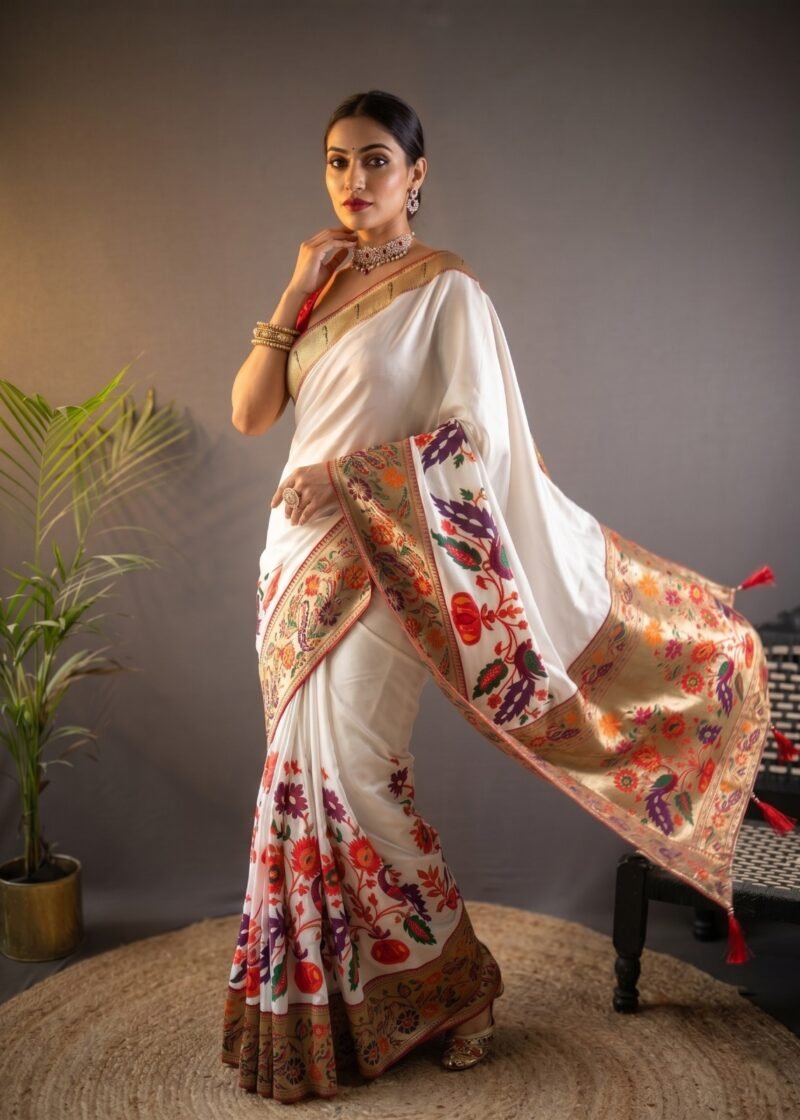 Elegant off-white pure Kanchipuram silk saree with floral motifs and rich woven border, fully stitched pallu, perfect for wedding and festive wear