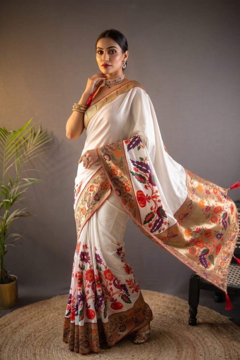 Elegant off-white pure Kanchipuram silk saree with floral motifs and rich woven border, fully stitched pallu, perfect for wedding and festive wear