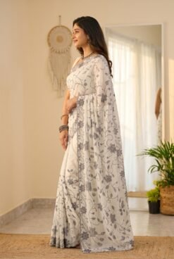 Alternative view of White Vichitra Silk Saree with Black Stone Work DS014