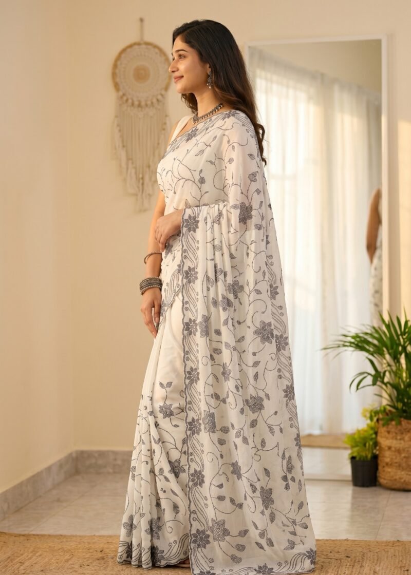 Alternative view of White Vichitra Silk Saree with Black Stone Work DS014