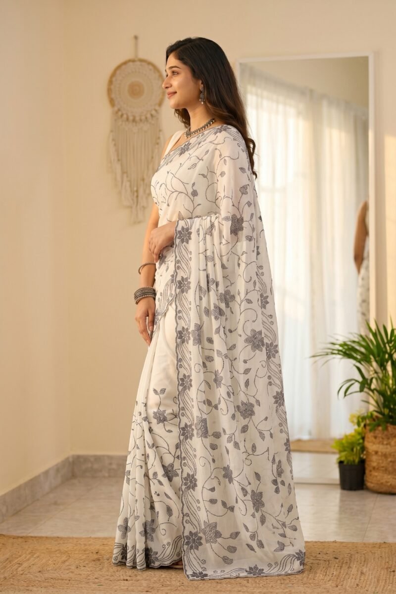 Alternative view of White Vichitra Silk Saree with Black Stone Work DS014