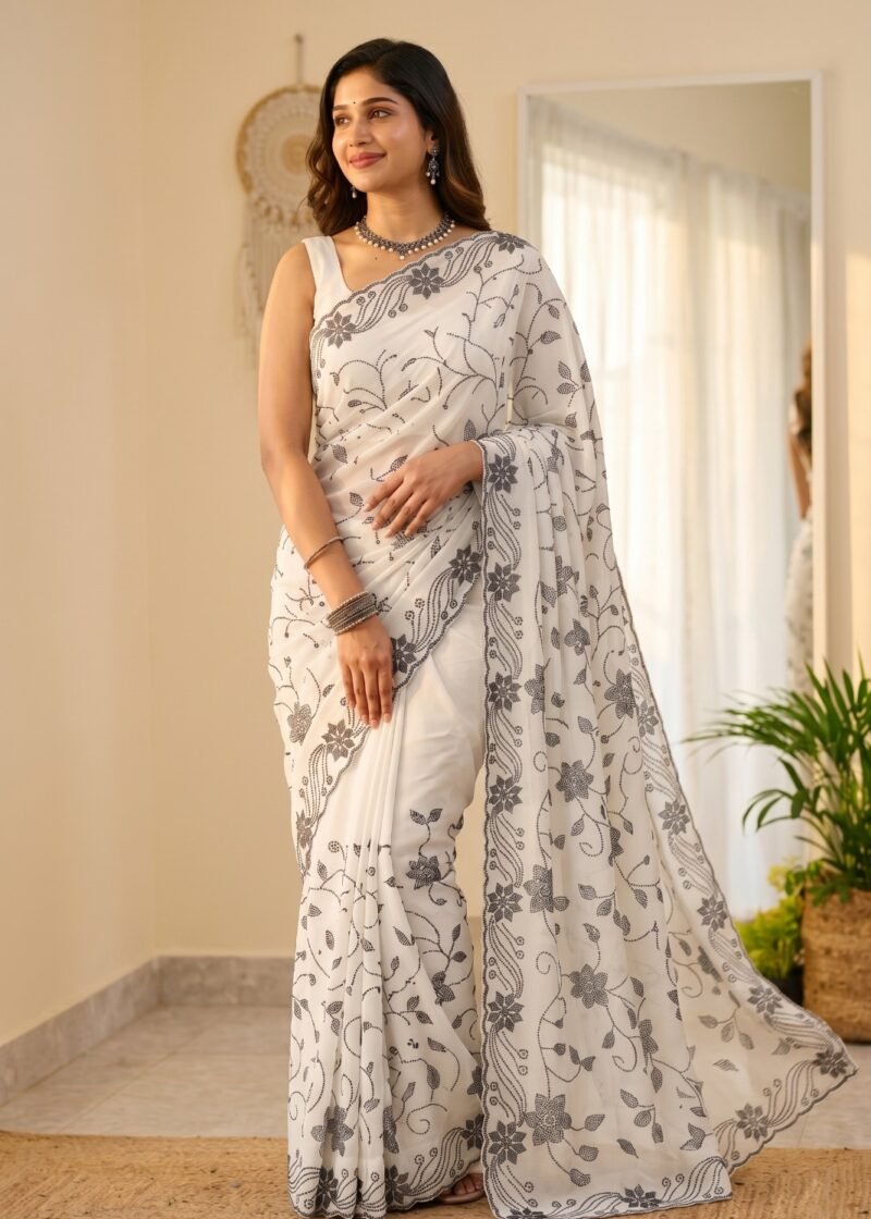 White Vichitra Silk Saree with Black Stone Work DS014