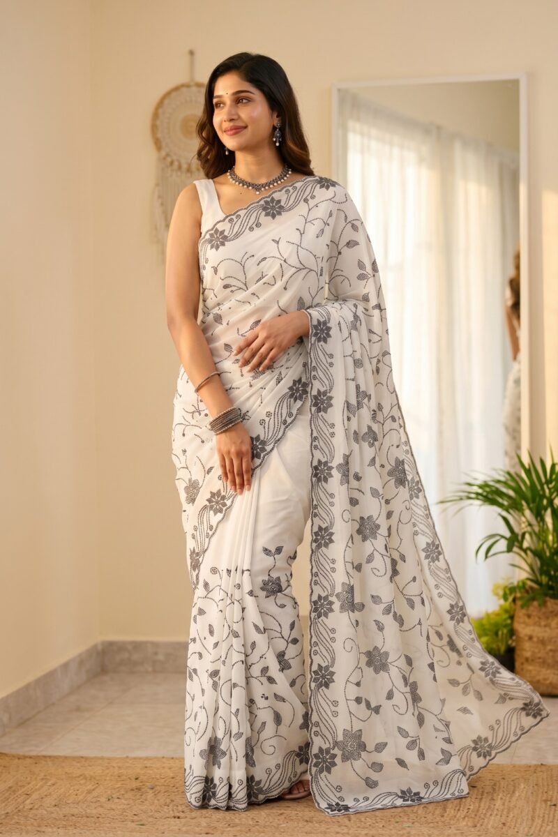 White Vichitra Silk Saree with Black Stone Work DS014