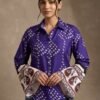 Women Purple Bandhani Printed Bell Sleeve Linen Blend Shirt DS015