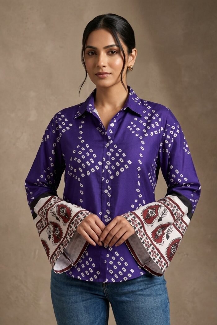 Women Purple Bandhani Printed Bell Sleeve Linen Blend Shirt DS015