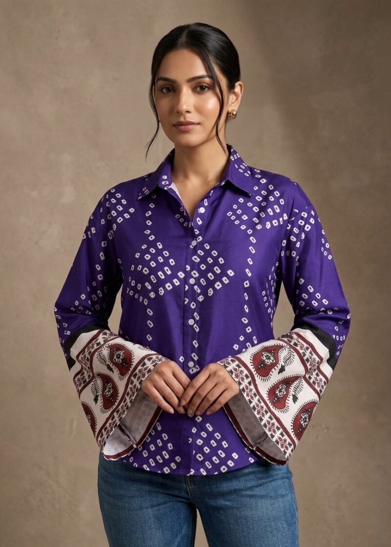 Women Purple Bandhani Printed Bell Sleeve Linen Blend Shirt DS015