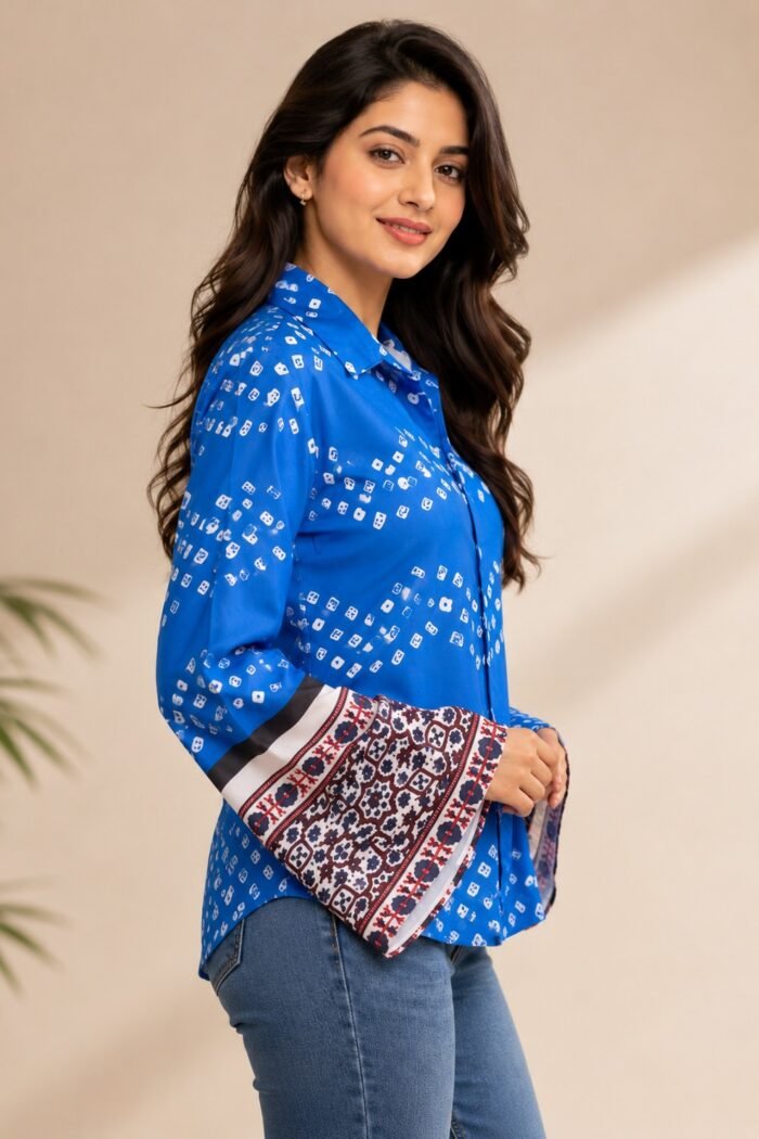 Alternative view of Women’s Blue Printed Linen Blend Bell Sleeve Shirt DS017