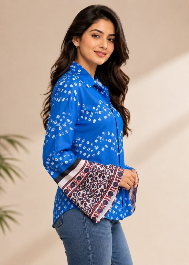 Alternative view of Women’s Blue Printed Linen Blend Bell Sleeve Shirt DS017