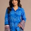 Women’s Blue Printed Linen Blend Bell Sleeve Shirt DS017