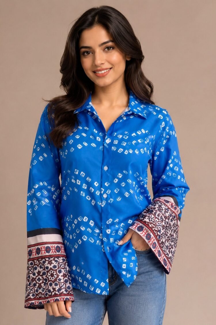 Women’s Blue Printed Linen Blend Bell Sleeve Shirt DS017