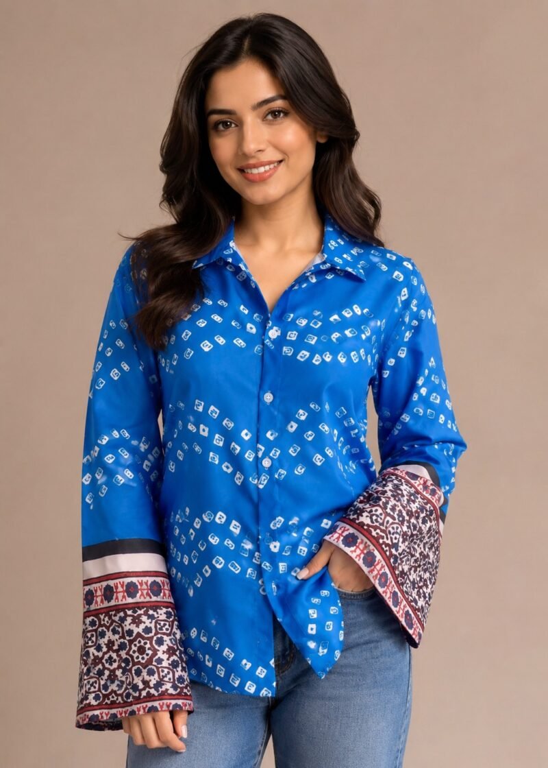 Women’s Blue Printed Linen Blend Bell Sleeve Shirt DS017