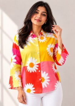 Woman modeling a bright yellow, pink, and red color-blocked button-down shirt featuring a large white daisy print, styled with white trousers.