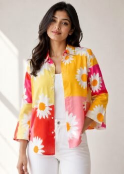 Woman wearing a yellow and pink floral linen blend shirt with white daisy print, button-down front, and relaxed fit sleeves.