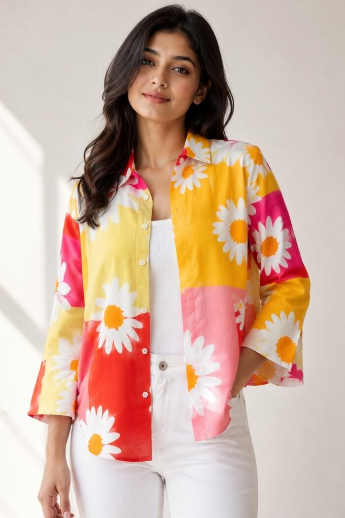 Woman wearing a yellow and pink floral linen blend shirt with white daisy print, button-down front, and relaxed fit sleeves.