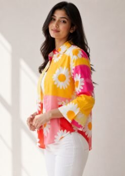 Woman modeling a bright yellow, pink, and red color-blocked button-down shirt with a large white daisy print, worn open over a white top and white denim jeans.