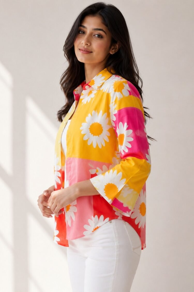 Woman modeling a bright yellow, pink, and red color-blocked button-down shirt with a large white daisy print, worn open over a white top and white denim jeans.