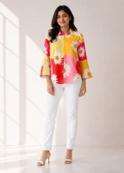 Woman wearing a bright yellow, pink, and orange color-block button-down shirt with large white daisy floral prints, styled open over a white ribbed top and white denim jeans.