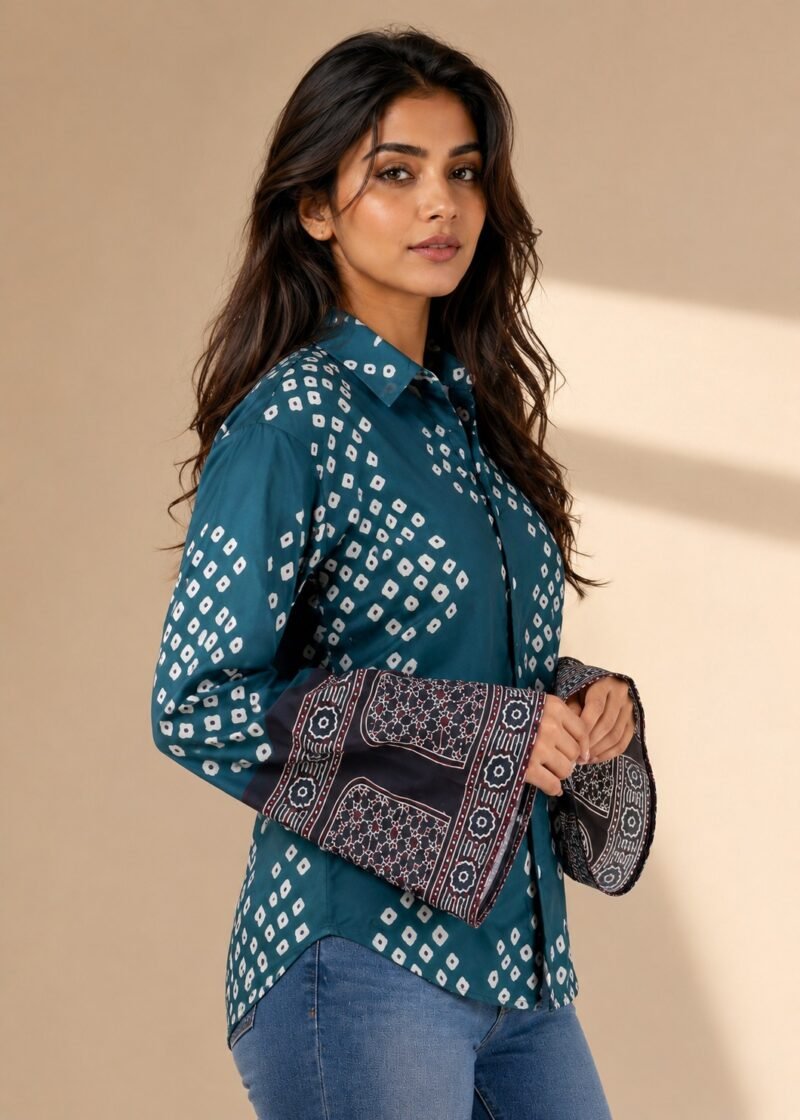 Side view of women’s teal blue printed shirt with geometric patterns and stylish bell sleeves with intricate border detailing.