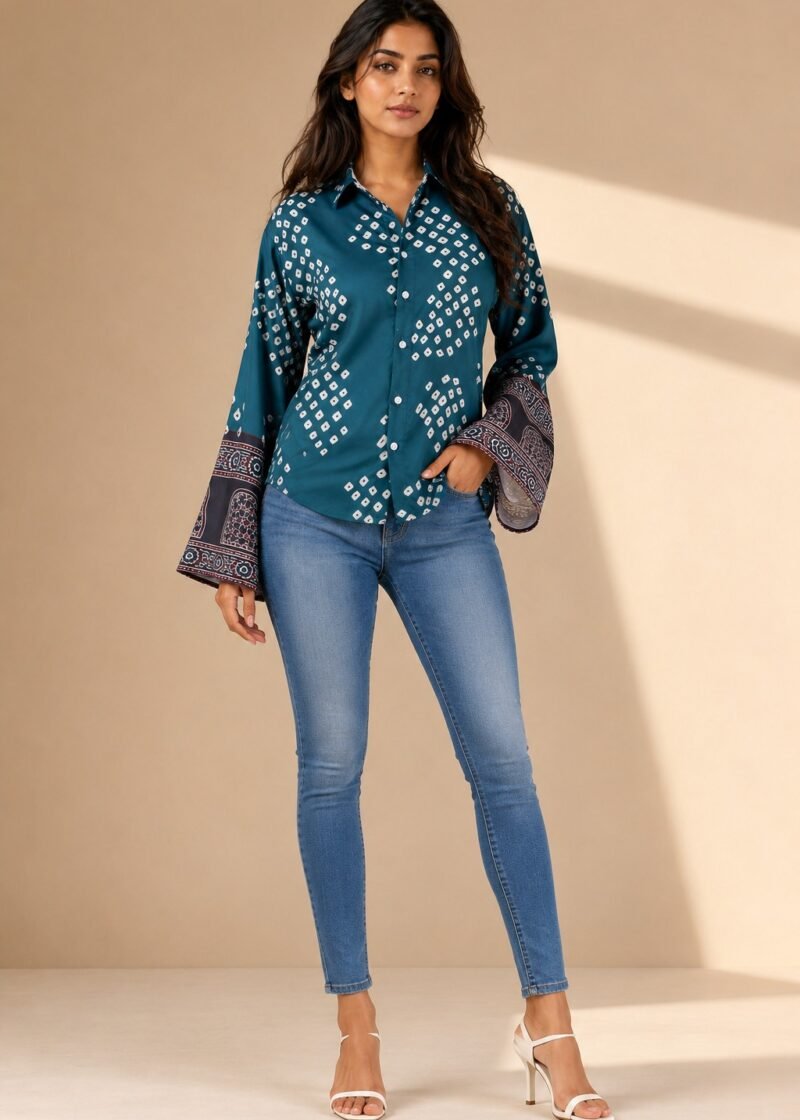 Full body view of women’s teal blue printed bell sleeve shirt styled with skinny blue jeans and white heels.