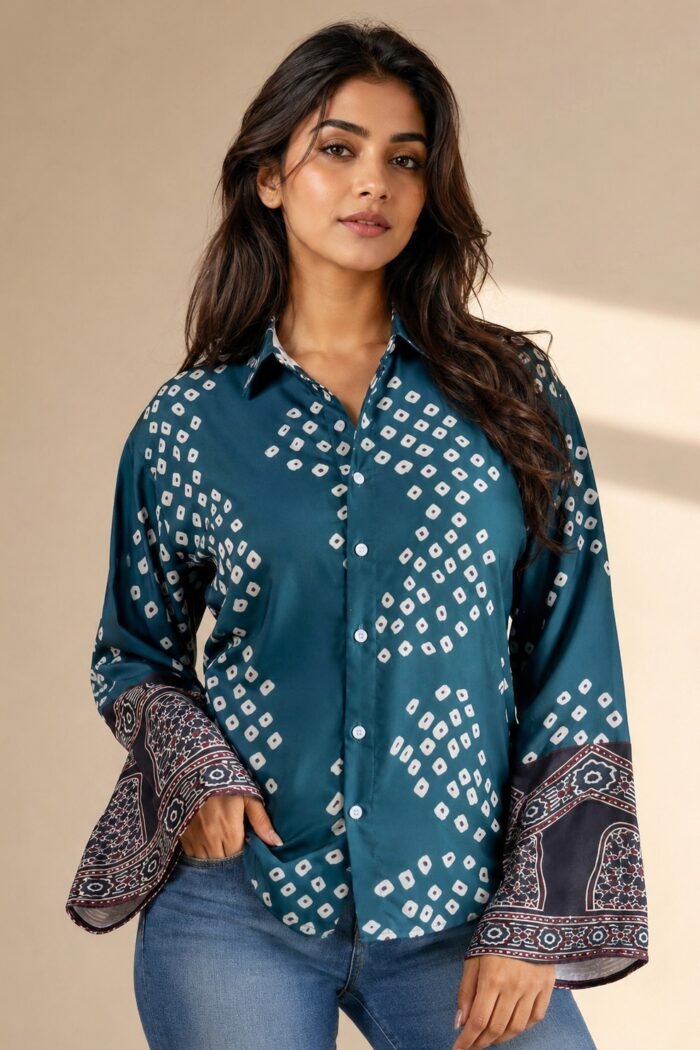 Women’s teal blue printed bell sleeve shirt with geometric pattern and button-down front paired with denim jeans.