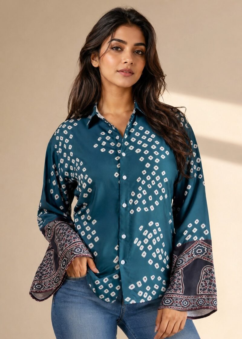 Women’s teal blue printed bell sleeve shirt with geometric pattern and button-down front paired with denim jeans.