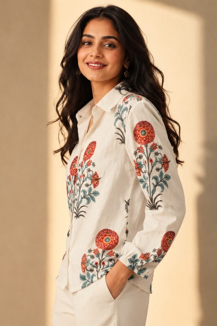 Side profile view of a women's off-white floral printed linen blend shirt featuring intricate red and sage green botanical motifs, collared neckline, and full sleeves.