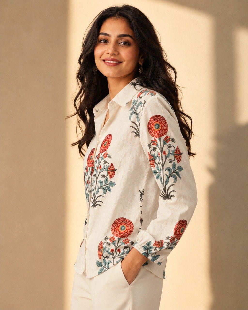 Side profile view of a women's off-white floral printed linen blend shirt featuring intricate red and sage green botanical motifs, collared neckline, and full sleeves.