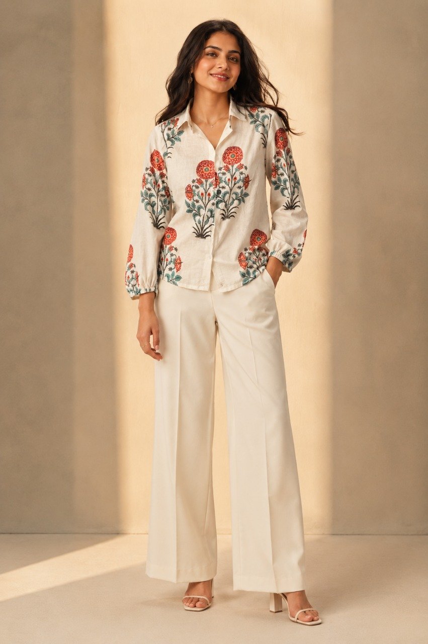 Full-length view of a women's off-white floral printed linen blend shirt featuring red and sage green botanical motifs, styled with ivory wide-leg trousers and heels.
