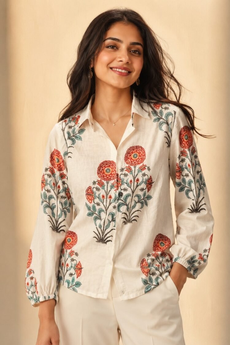 Women's off-white floral printed shirt featuring intricate red and sage green botanical motifs, collared neckline, full sleeves, and a relaxed fit.