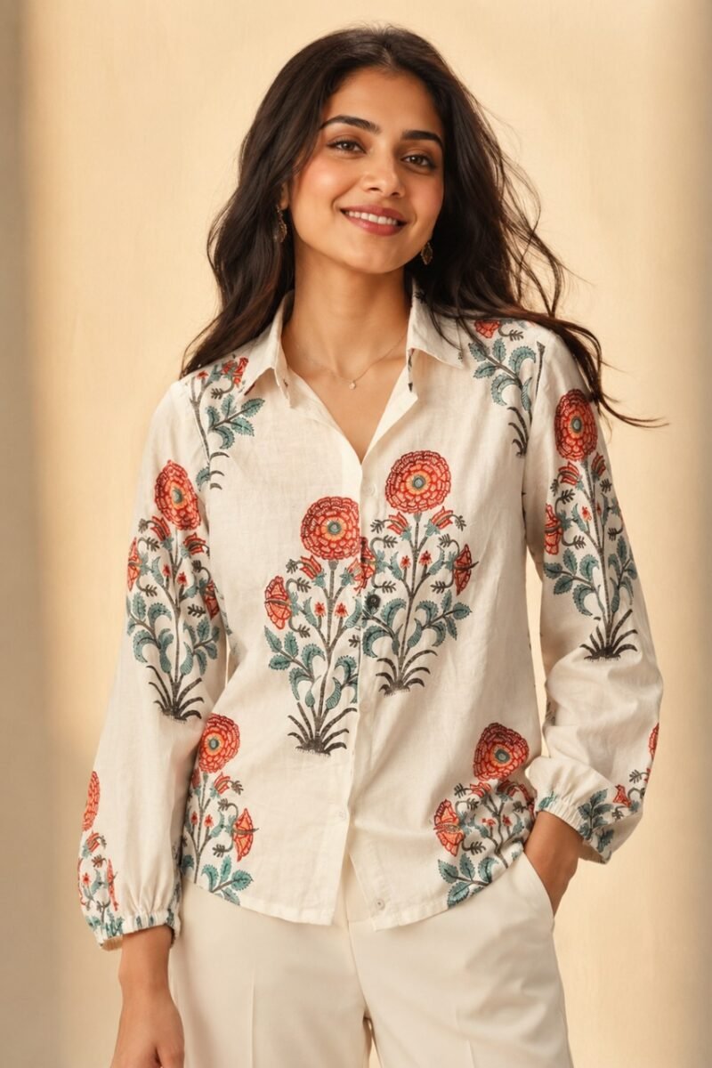 Women's off-white floral printed shirt featuring intricate red and sage green botanical motifs, collared neckline, full sleeves, and a relaxed fit.