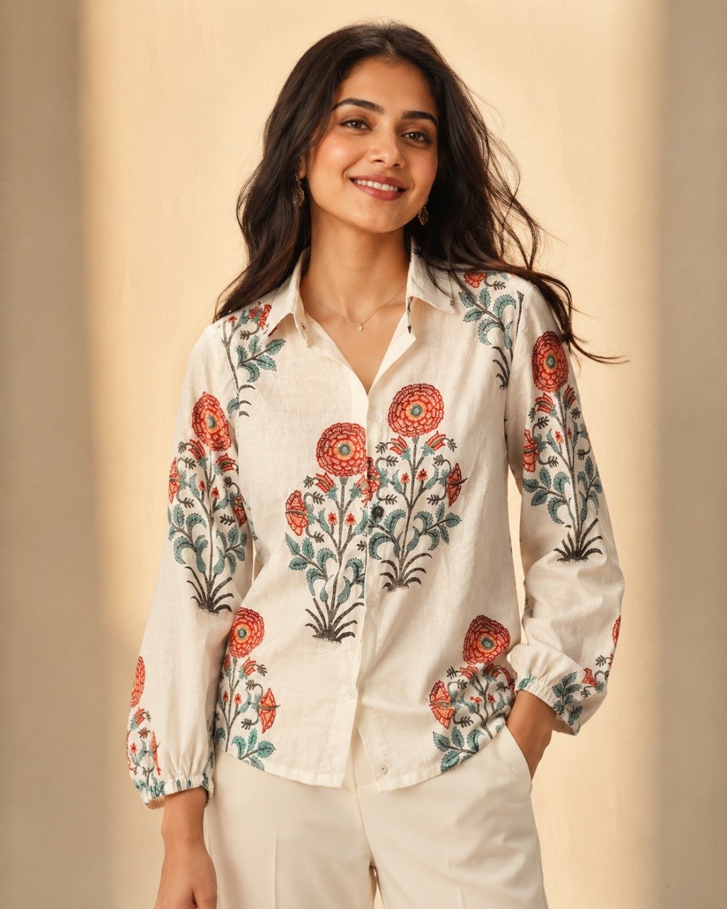 Women's off-white floral printed shirt featuring intricate red and sage green botanical motifs, collared neckline, full sleeves, and a relaxed fit.