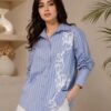 Women's blue striped floral print button-down shirt with full sleeves and collared neckline DS024