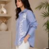 Side view of women's blue striped floral print button-down shirt with collared neckline and full sleeves DS024