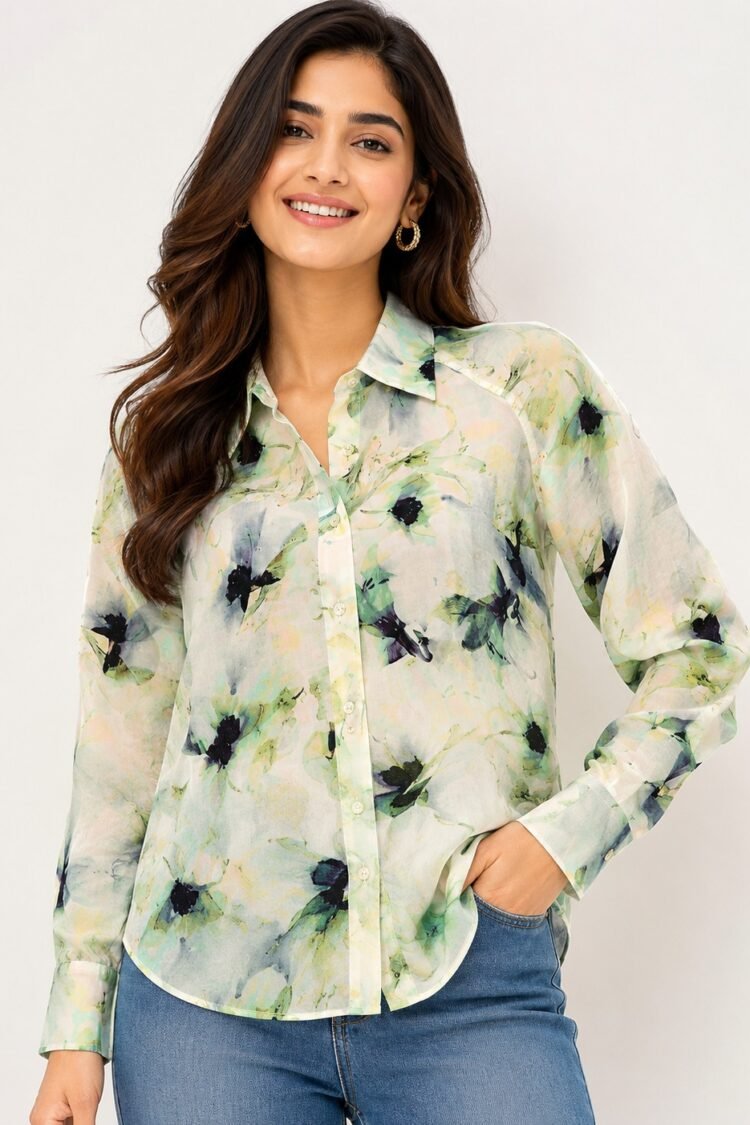Womens Floral Mist Linen Blend Shirt DS021