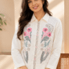 Women's white floral print button-down shirt with pink flower design, collared neckline and full sleeves DS025