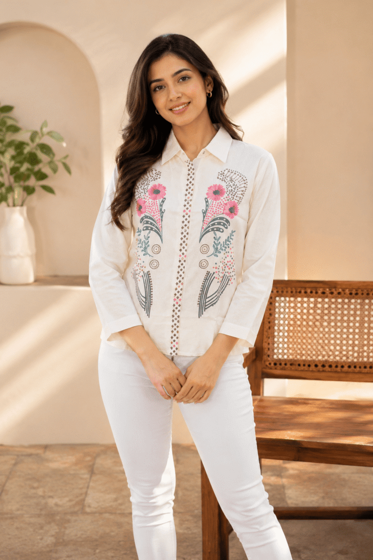 Women's white floral print shirt with pink floral design and collared neckline styled in a lifestyle setting DS025