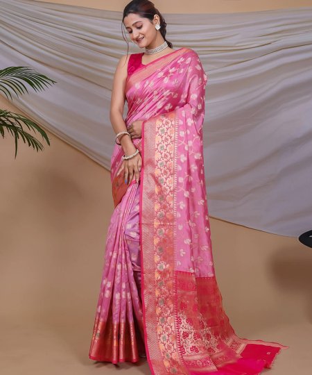 Baby Pink jaal design Organza Woven Saree dvz0003786