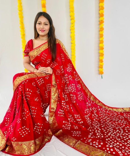 Bandhej Printed Saree in Red DVZ0003979