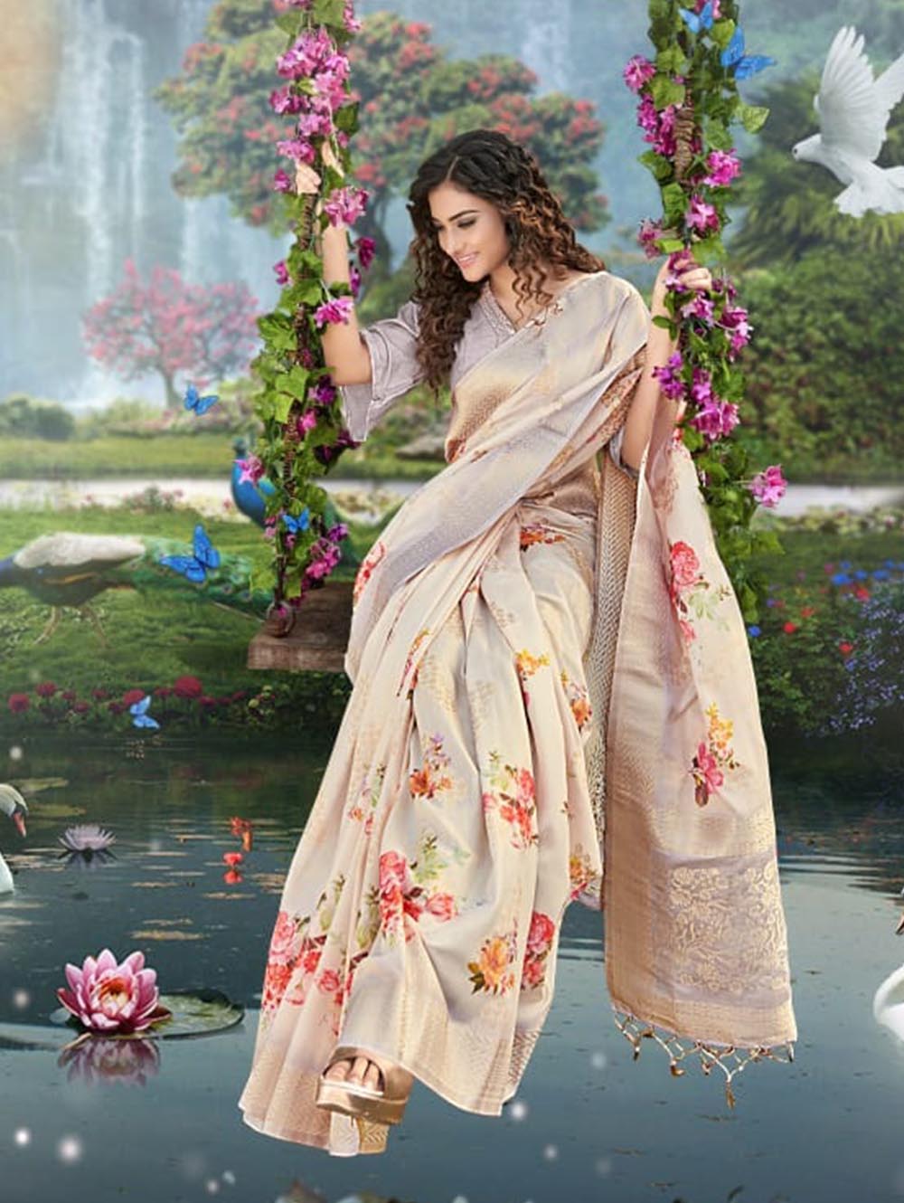 Seematti Silks & Readymades - If you Admire the color Roses 💗 here'a  Beautiful Banarasi saree with a whole body cover with floral leaves. And to  add on a stunning floral pallu