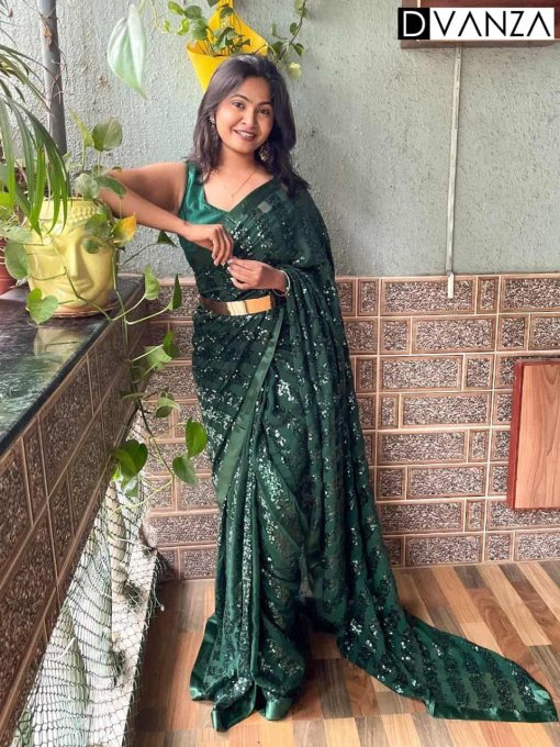 Beautiful dark Green sequin work Ready To Wear Saree dvz0003546