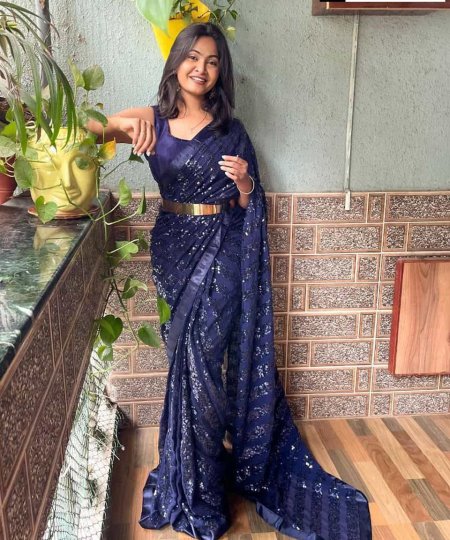 Beautiful navy blue sequin work Ready To Wear Saree dvz0003546