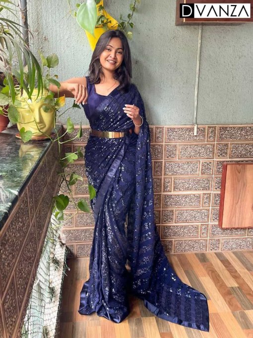 Beautiful navy blue sequin work Ready To Wear Saree dvz0003546