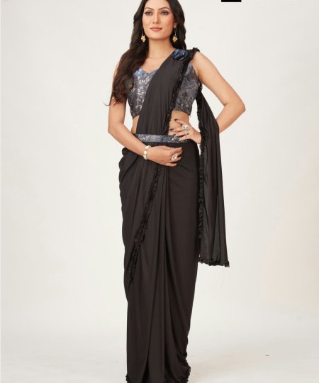 Black Fancy Ready to Wear Saree with Belt and Flower Brooch DVZ0003533