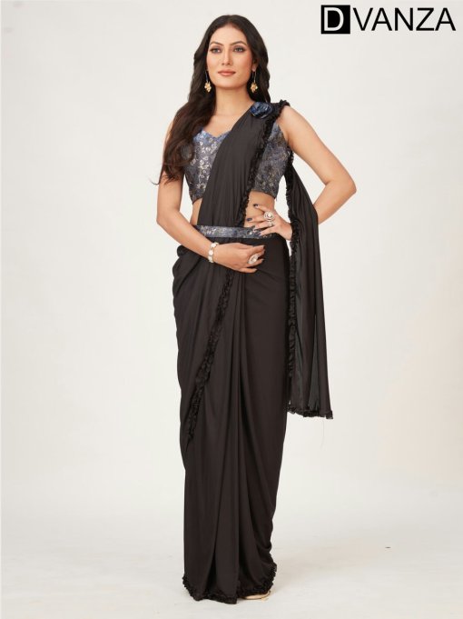 Black Fancy Ready to Wear Saree with Belt and Flower Brooch DVZ0003533