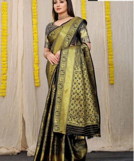 Black Most Beautiful Lichi Silk Traditional woven Saree dvz0003527