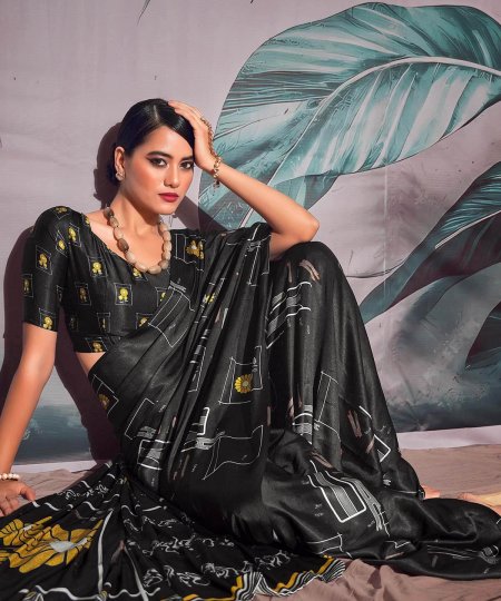 Black Soft Crepe Digital Print Saree dvz0003832