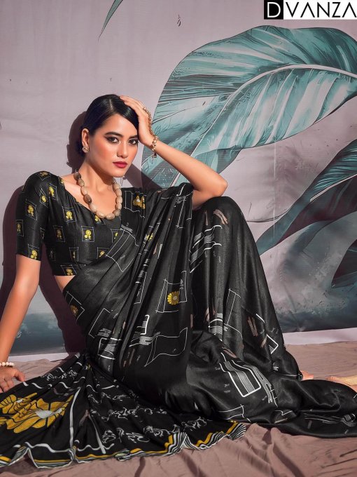 Black Soft Crepe Digital Print Saree dvz0003832