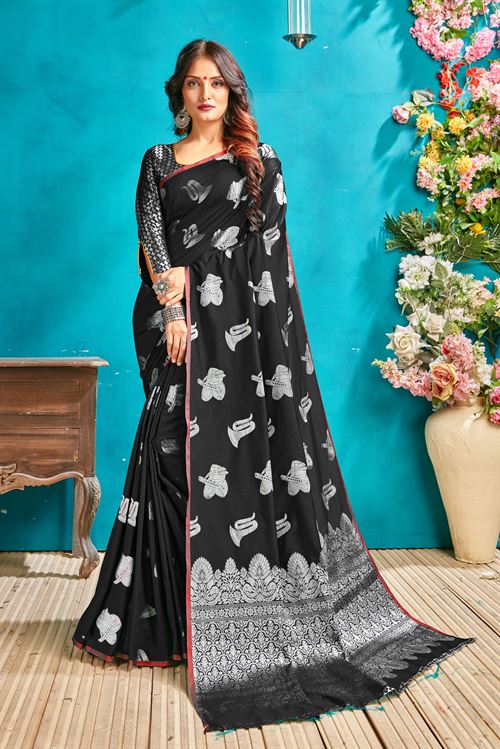 Black silk woven saree - silk sarees ...